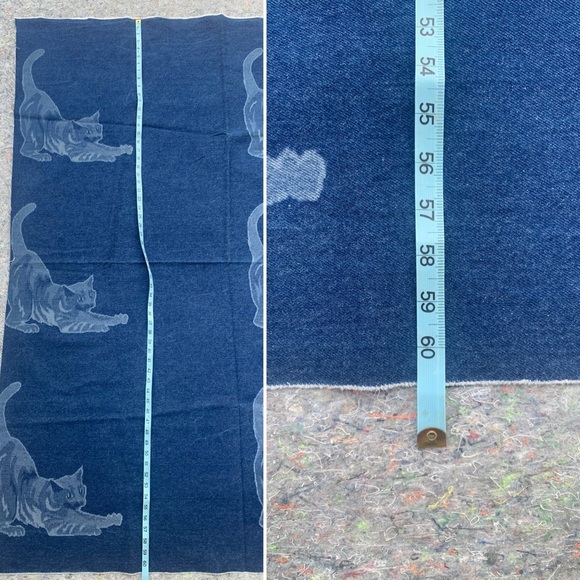 Insane Vintage 80s 90s High End Stretching Cat Printed Blue Denim Fabric Sewing - Picture 3 of 15